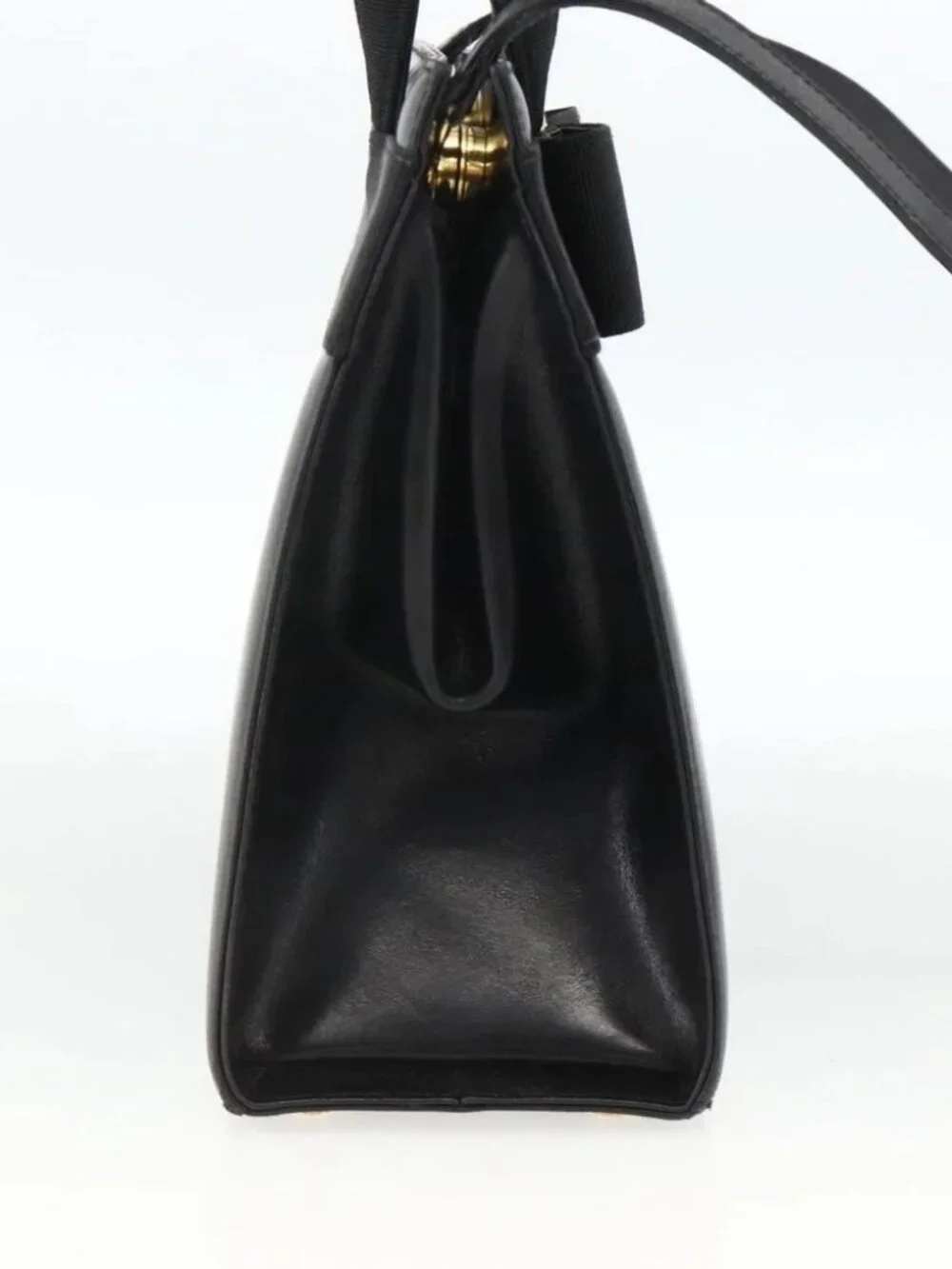 Salvatore Ferragamo Vala Ribbon Hand Bag Leather 2way Black Gold Auth ka3380